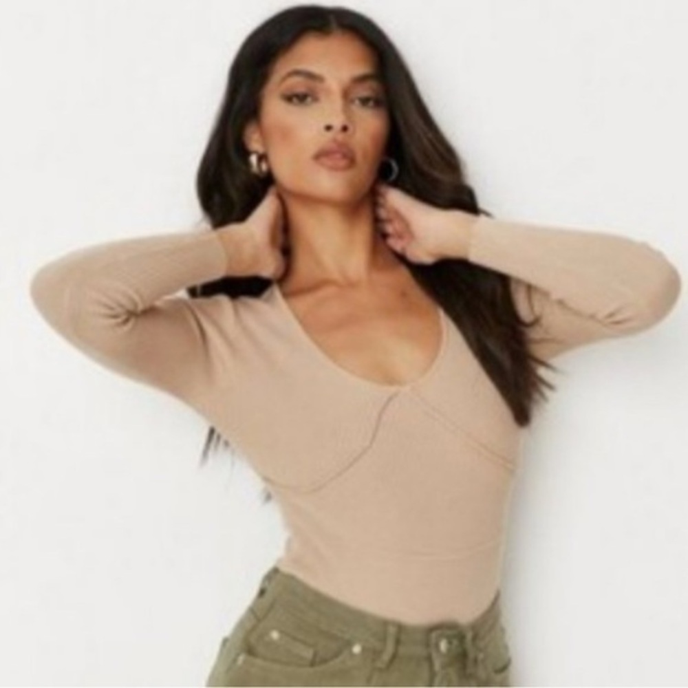 NEW…Misguided Knit Ribbed Beige Bodysuit